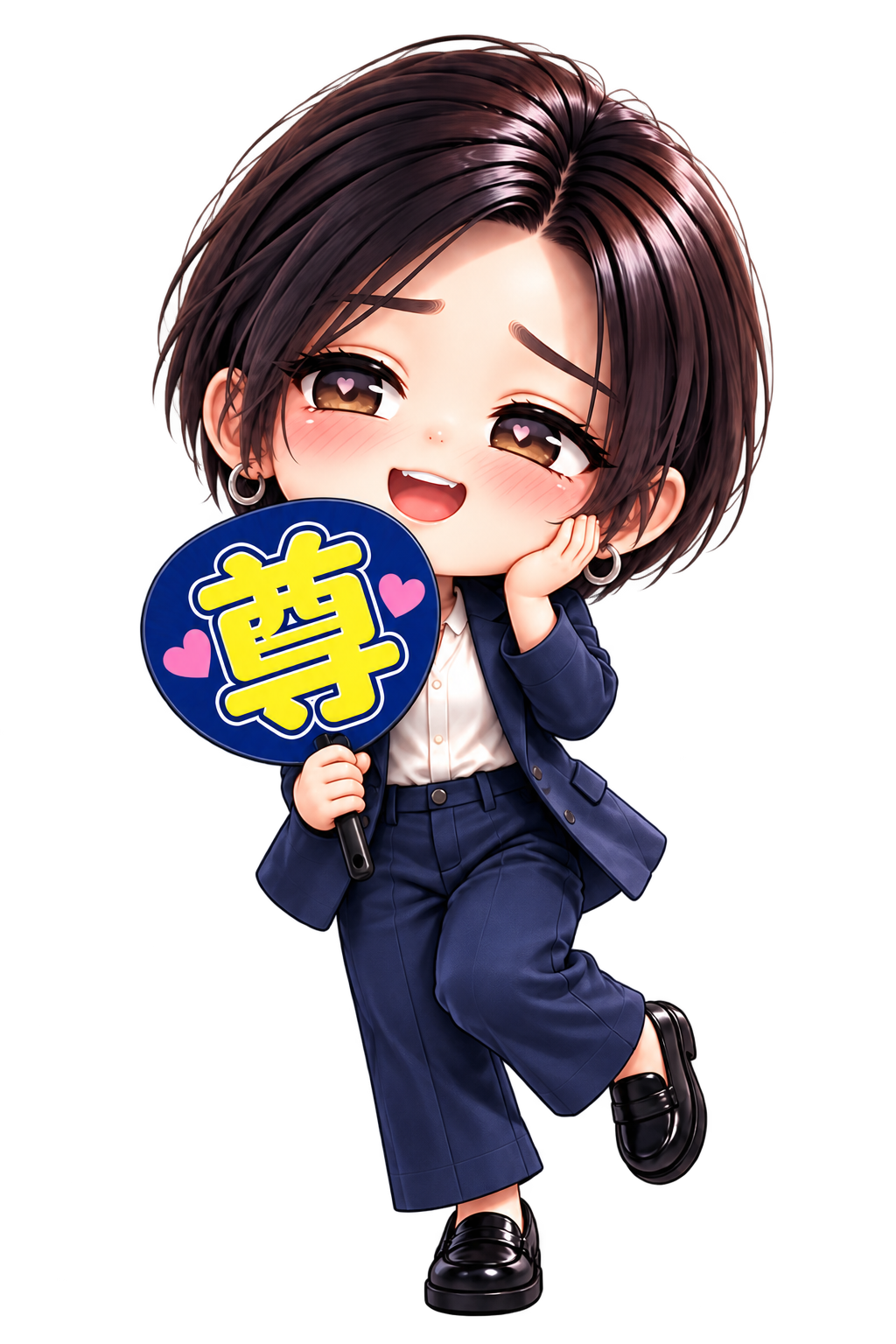 頬を赤らめて「尊」のうちわを持つアキのキャラクター